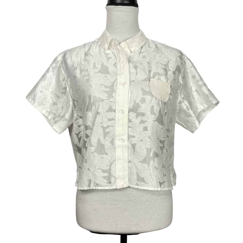 Evidence White Sheer Floral Button Up Semi Cropped Feminine Dainty Shirt Blouse